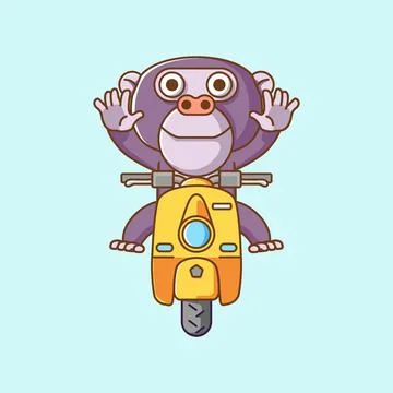 Cute ape monkey riding scooter animal kawaii chibi character mascot Stock-Illustration