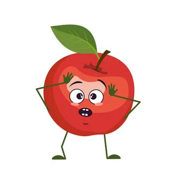 Cute apple character with emotions in a panic grabs his head, face, arms and Stock Illustration