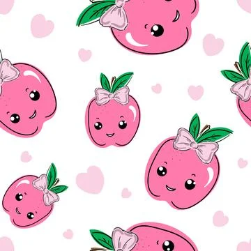 Cute apple fruit kawaii face seamless pattern, abstract repeated cartoon Stock Illustration