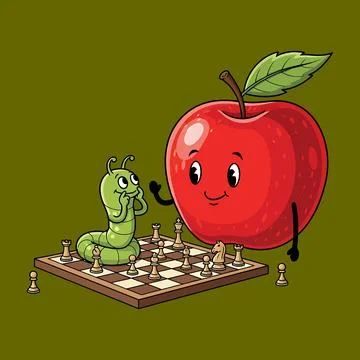 Cute Apple Playing Chess with Clever Worm Cartoon Concept Stock Illustration
