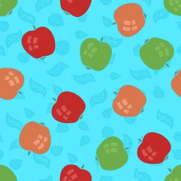Cute Apple Vector Repeat Pattern In Blue, Red And Green Stock Illustration