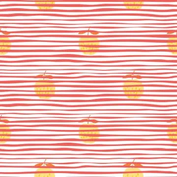 Cute apples seamless pattern on pink stripes background. Sweet fruit. Illustrazione stock