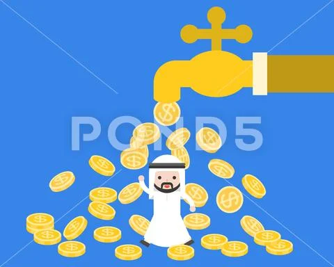 Cute arab saudi businessman under gold coins flowing from giant water tap , Stock Illustration
