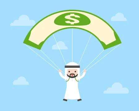 Cute Arab Saudi guy jumping parachute by using dollar bill in sky, business s Stock Illustration