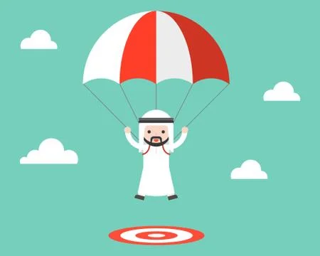 Cute Arab Saudi guy parachuting in sky landing on target, business situation  イラスト素材