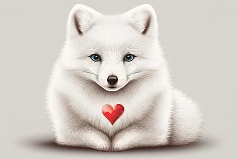 Cute  Arctic Fox, isolated on a background with red hearts Stock Illustration