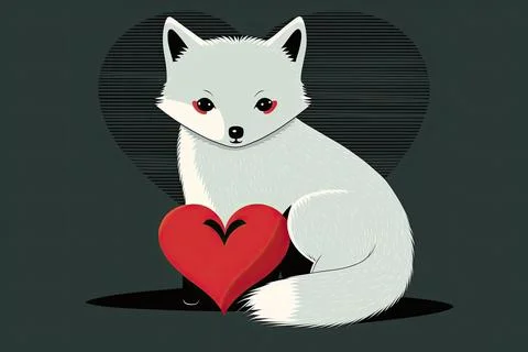 Cute  Arctic Fox, isolated on a background with red hearts Stock Illustration