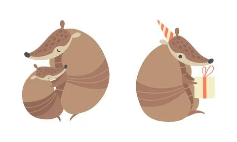 Cute Armadillo Character with Armor Shell Holding Gift Box and Embracing His Stock Illustration