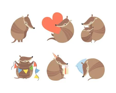 Cute Armadillo Character with Armor Shell Engaged in Different Activity Vector Ilustración de archivo
