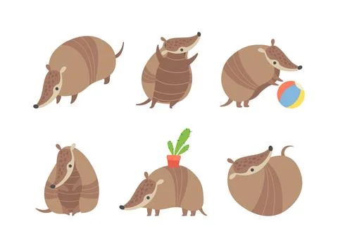 Cute Armadillo Character with Armor Shell Engaged in Different Activity Vector Illustrazione stock