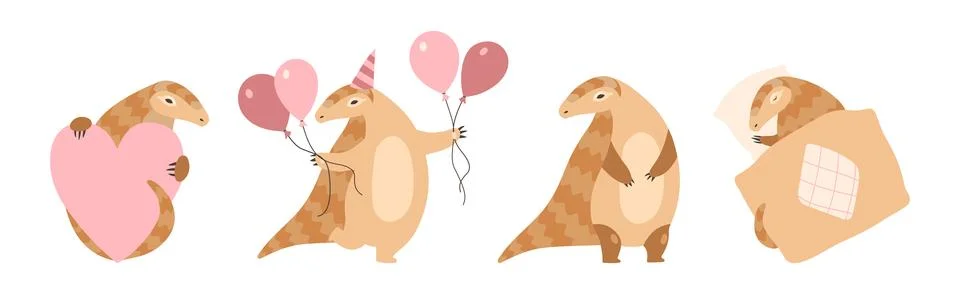 Cute Armadillo Character with Shell in Different Action Vector Set Illustrazione stock