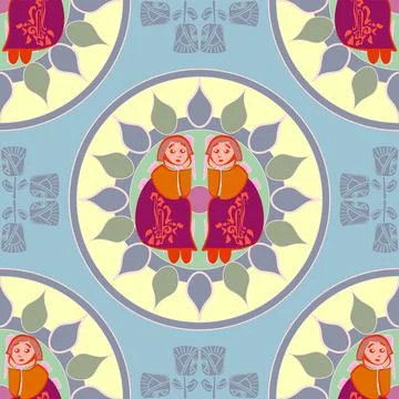 Cute Art Vector Repeat Pattern With Sisters Theme In Bright Multicolor 스톡 일러스트