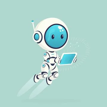 Cute artificial intelligence smart mini robot with tablet flat vector illus.. 스톡 일러스트