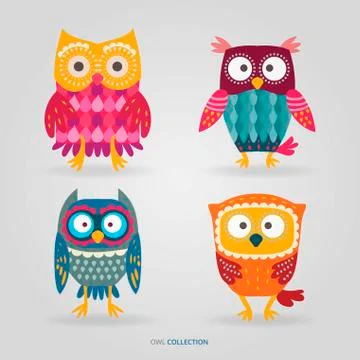 Cute artistic owls vector set Illustrazione stock