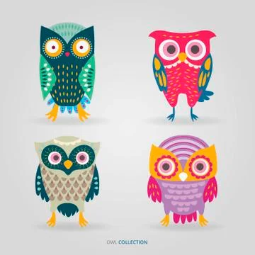 Cute artistic owls vector set Stock Illustration