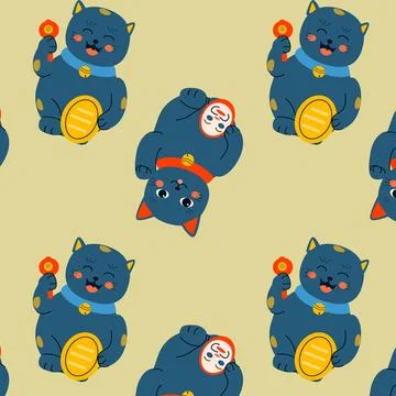 Cute asian cats pattern on green background Stock Illustration