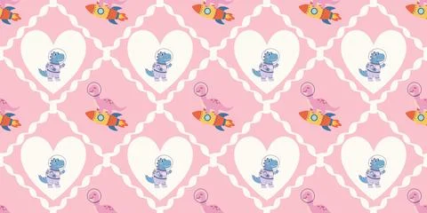 Cute astronaut and rocket pattern in white hearts on pastel pink background Stock Illustration
