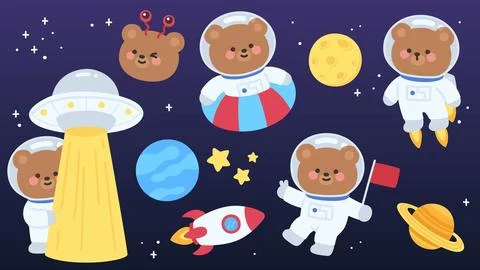 Cute Astronaut Bear Character Set with UFO and Planets on Dark Space Backgrou Stock Illustration