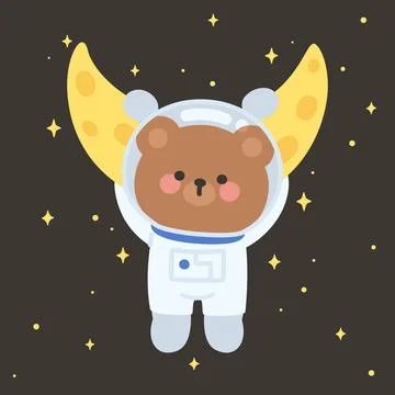 Cute Astronaut Bear Vector Flying with Crescent Moon Wings Stock Illustration