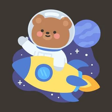 Cute Astronaut Bear Vector Flying Rocket with Planet in Space Stock Illustration
