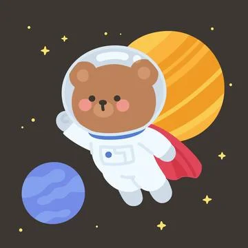 Cute Astronaut Bear Vector Flying with Red Cape and Planets Illustrazione stock