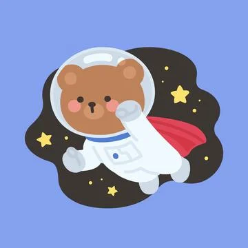 Cute Astronaut Bear Vector Flying with Red Cape among Stars Stock-Illustration
