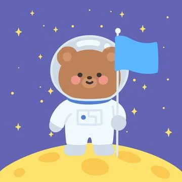 Cute Astronaut Bear Vector Holding Flag on Moon Illustrazione stock