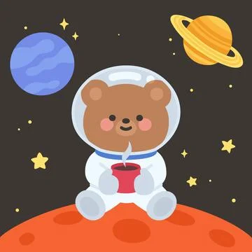 Cute Astronaut Bear Vector Holding Coffee Cup on Planet 스톡 일러스트