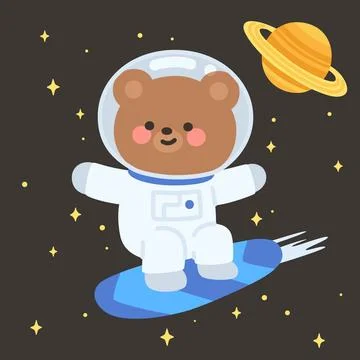 Cute Astronaut Bear Vector Riding Flying Surfboard in Space Stock Illustration