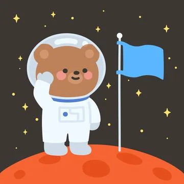 Cute Astronaut Bear Vector Saluting with Flag on Planet Illustrazione stock