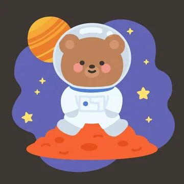 Cute Astronaut Bear Vector Sitting on Planet with Saturn and Stars Illustrazione stock