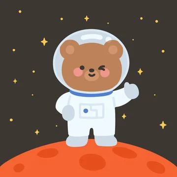 Cute Astronaut Bear Vector Smiling on Planet with Stars Illustrazione stock
