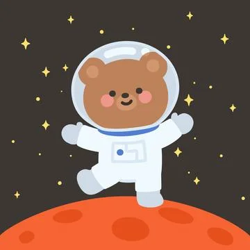 Cute Astronaut Bear Vector Standing on Planet with Stars Stock Illustration