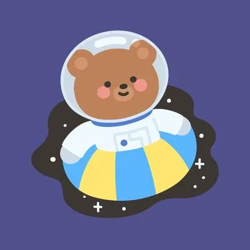 Cute Astronaut Bear Vector Swimming with Swim Ring in Space Stock Illustration