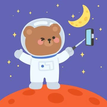 Cute Astronaut Bear Vector Taking Selfie with Moon in Space Ilustração Stock