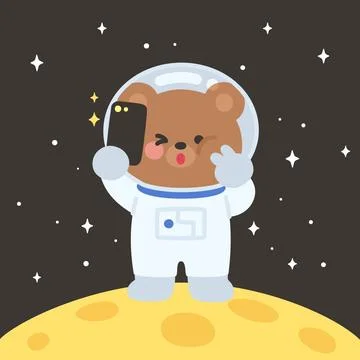 Cute Astronaut Bear Vector Taking Selfie on Moon Ilustração Stock