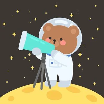 Cute Astronaut Bear Vector Using Telescope on Planet 스톡 일러스트