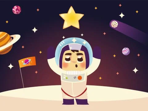 Cute astronaut celebrating on moon with flag cartoon space Stock Illustration