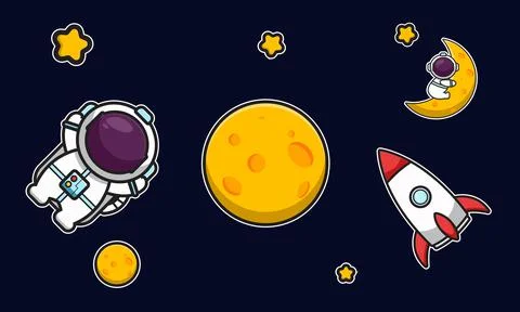 Cute astronaut character with rocket in space cartoon vector icon illustratio Stockillustratie