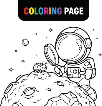 Cute Astronaut Discovering a Ladybug on the Moon Coloring Page. Stock Illustration