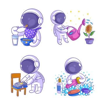 Cute astronaut doing routine activities, cartoon style set Illustrazione stock