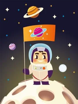 Cute astronaut with flag explore planet cartoon space Stock Illustration