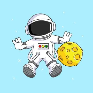 Cute Astronaut Floating in Space with a Moon Stock Illustration