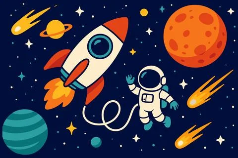 Cute Astronaut Floating in Space with Rocket and Planets Stock-Illustration