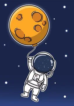 Cute Astronaut Holding Moon Balloon Stock Illustration