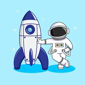 Cute Astronaut Leaning Pose with Rocket Cartoon Vector Illustration Stock Illustration