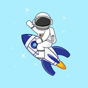 Cute Astronaut Leaning Pose with Rocket Cartoon Vector Illustration Stock Illustration