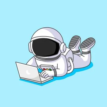 Cute Astronaut Lying Down Pose Working on Laptop Stock Illustration