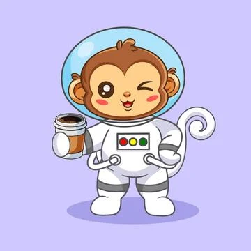 Cute Astronaut Monkey with Coffee Cup Illustrazione stock