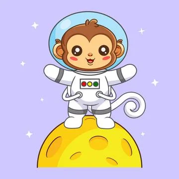 Cute Astronaut Monkey Standing on a Yellow Moon Vector Illustration Stock Illustration